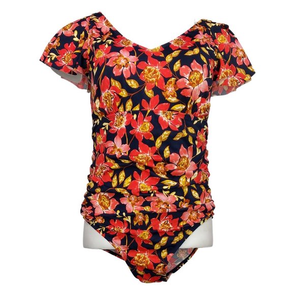 NEW DENIM & CO. BEACH FLORAL V-NECK RUFFLE SLEEVE ONE PIECE SWIMSUIT 16 - Picture 2 of 12